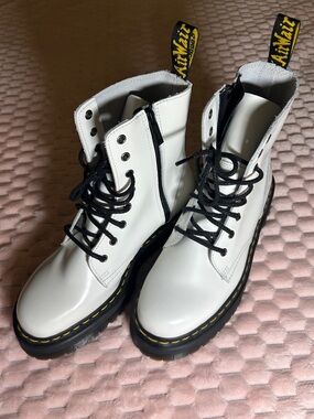 Dr. Martens White Leather Lace-Up Zip Combat Boots with Yellow Stitching